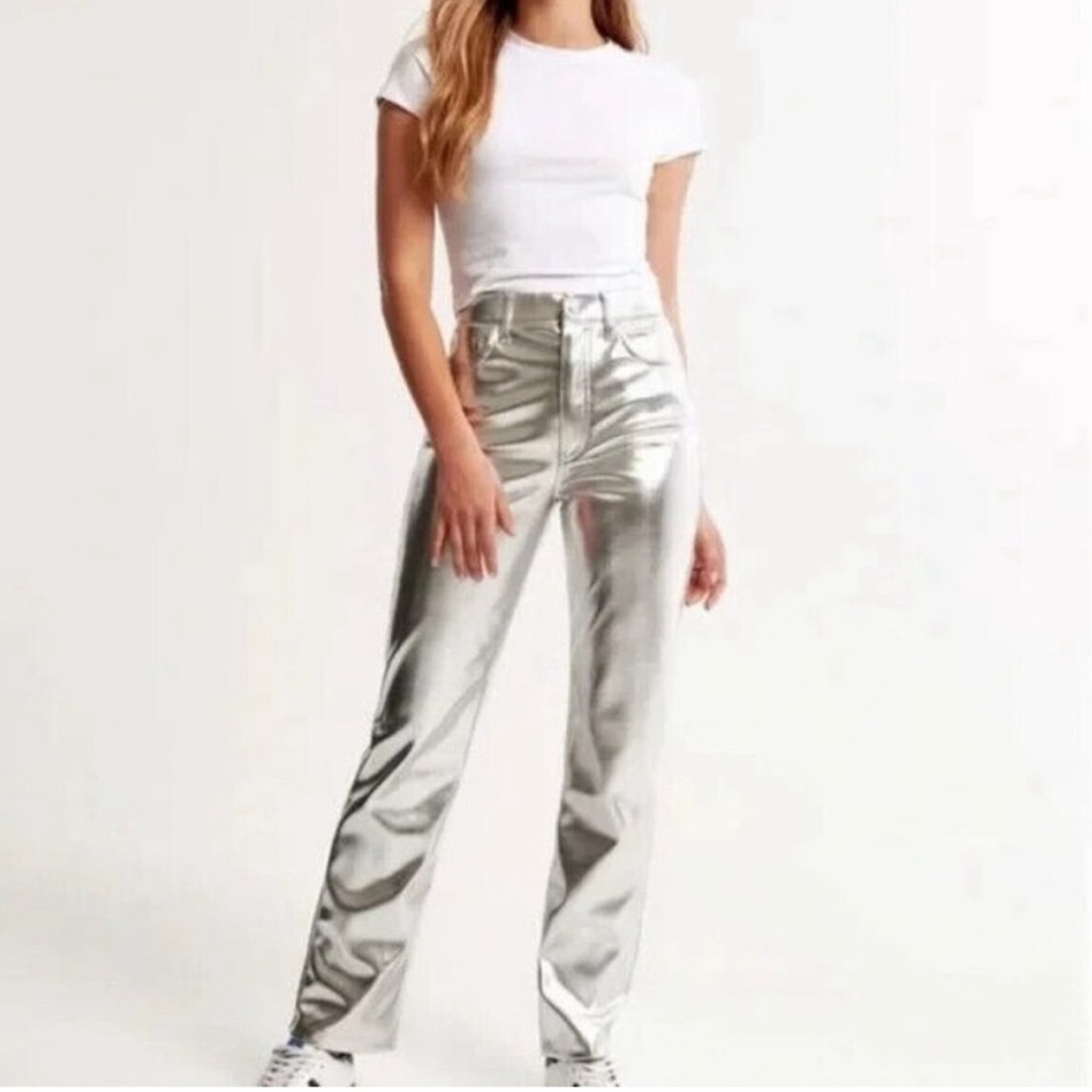 7 for all mankind- faux leather pants- straight leg- silver- women size Medium